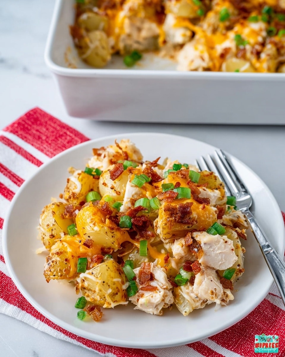 A white plate holds a layered dish made of bite-sized cooked potatoes as the base, topped with chunks of white chicken meat mixed with melted shredded cheese that has a light orange and white color. The entire dish is sprinkled with chopped green onions and small bits of crispy brown bacon, adding texture and color contrast. A fork rests on the right side of the plate and a red and white striped cloth is next to it. In the background, a white rectangular baking dish filled with more of the same dish sits on a white marbled surface. photo taken with an iphone --ar 4:5 --v 7