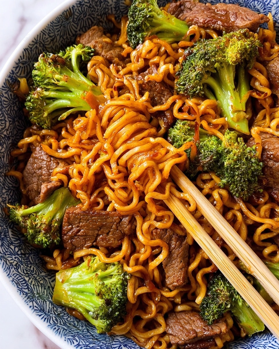 The image shows a white bowl with a blue pattern filled with a close-up view of a noodle dish. The dish has three main layers: thick, brown cooked beef slices scattered around, bright green broccoli florets with a fresh texture, and curly, shiny, orange-brown noodles coated in sauce, which take up most of the space in the bowl. A pair of light wooden chopsticks is twirling a small bundle of noodles near the middle of the bowl. The white marbled surface can be seen faintly around the edges of the bowl. photo taken with an iphone --ar 4:5 --v 7