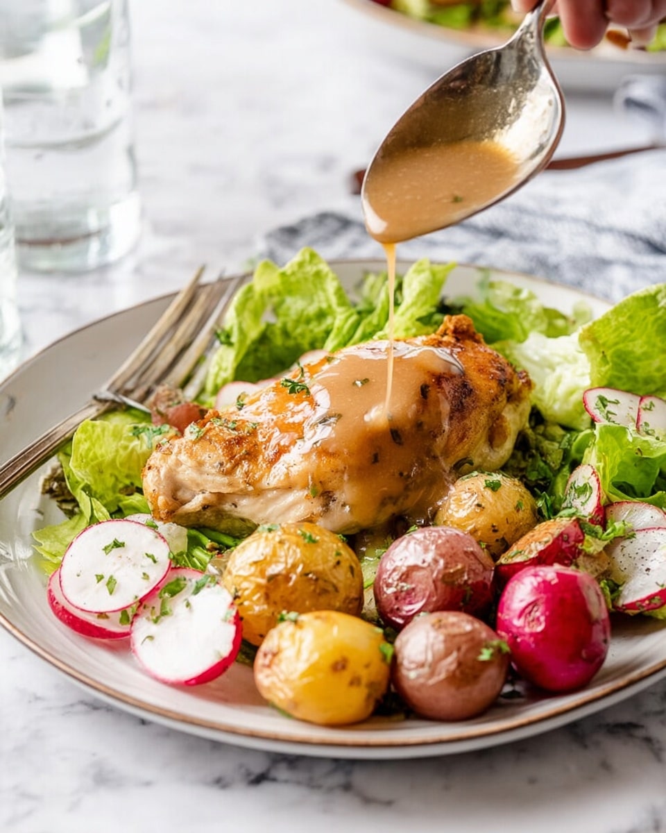 A white plate with a crispy cooked chicken breast placed in the center, topped with a glossy light brown sauce being poured from a spoon above. Around the chicken, there are halved small red and yellow potatoes with a shiny surface and sprinkled with green herbs. The bottom layer of the plate is filled with fresh green lettuce leaves mixed with sliced radishes showing white and red colors, and a few sliced green onions. The background is a white marbled texture, and a woman’s hand holds the spoon pouring the sauce. Two forks rest on the side of the plate, and glasses of water appear blurred on the edges. photo taken with an iphone --ar 4:5 --v 7
