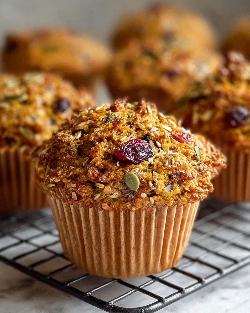 A close-up shows a golden-brown muffin with a rough, textured top full of mixed seeds and dried fruit pieces like cranberries. The muffin has one main layer—the muffin body—held in a plain light brown paper liner with visible ridges. Behind, there are more similar muffins softly blurred. The muffins rest on a black metal cooling rack placed over a white marbled surface. The light highlights the bumpy texture and the varied colors of the seeds and fruit. photo taken with an iphone --ar 4:5 --v 7