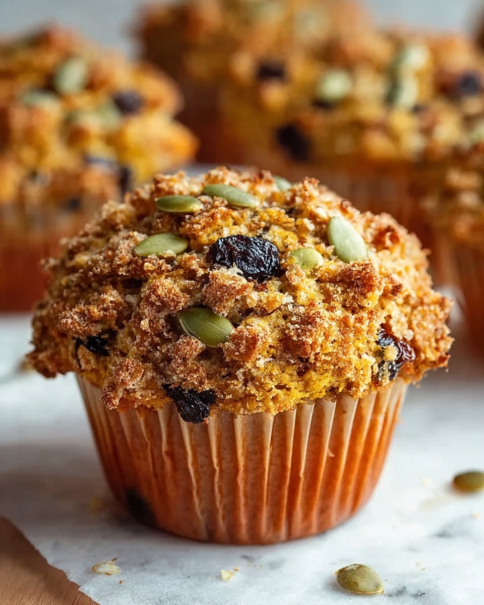 A close-up view of a single muffin with a rough, crumbly texture on top, studded with light green pumpkin seeds and small dark dried fruit pieces. The muffin is golden brown overall with a bumpy, crunchy surface. It sits on white parchment paper over a white marbled surface, with more muffins blurred in the background, all showing similar textures and colors, with visible seeds and dried fruit. The muffin liner is a warm orange-brown color with vertical ridges. photo taken with an iphone --ar 4:5 --v 7