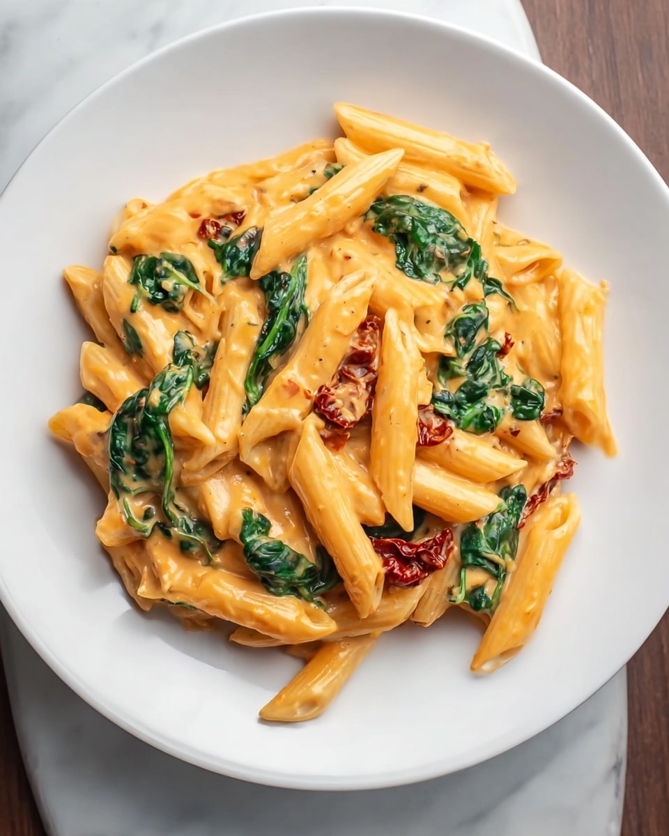 A white plate holds a serving of penne pasta coated in a creamy, light orange sauce. The pasta is mixed with dark green spinach leaves and small pieces of sun-dried tomatoes adding splashes of deep red. The sauce looks smooth and slightly thick, covering each pasta piece evenly. The dish is placed on a white marbled surface, emphasizing the colors of the pasta and vegetables. photo taken with an iphone --ar 4:5 --v 7