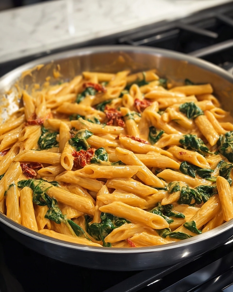 A pan filled with creamy pasta made of golden-yellow penne noodles mixed with vibrant green spinach leaves and pieces of red sun-dried tomatoes, all coated in a smooth, rich, light orange sauce. The pasta lies evenly spread across the pan, with the sauce creating a glossy texture on the noodles. The pan’s outer edge is silver, resting on a black stove top, with a hint of a white marbled surface in the background. photo taken with an iphone --ar 4:5 --v 7