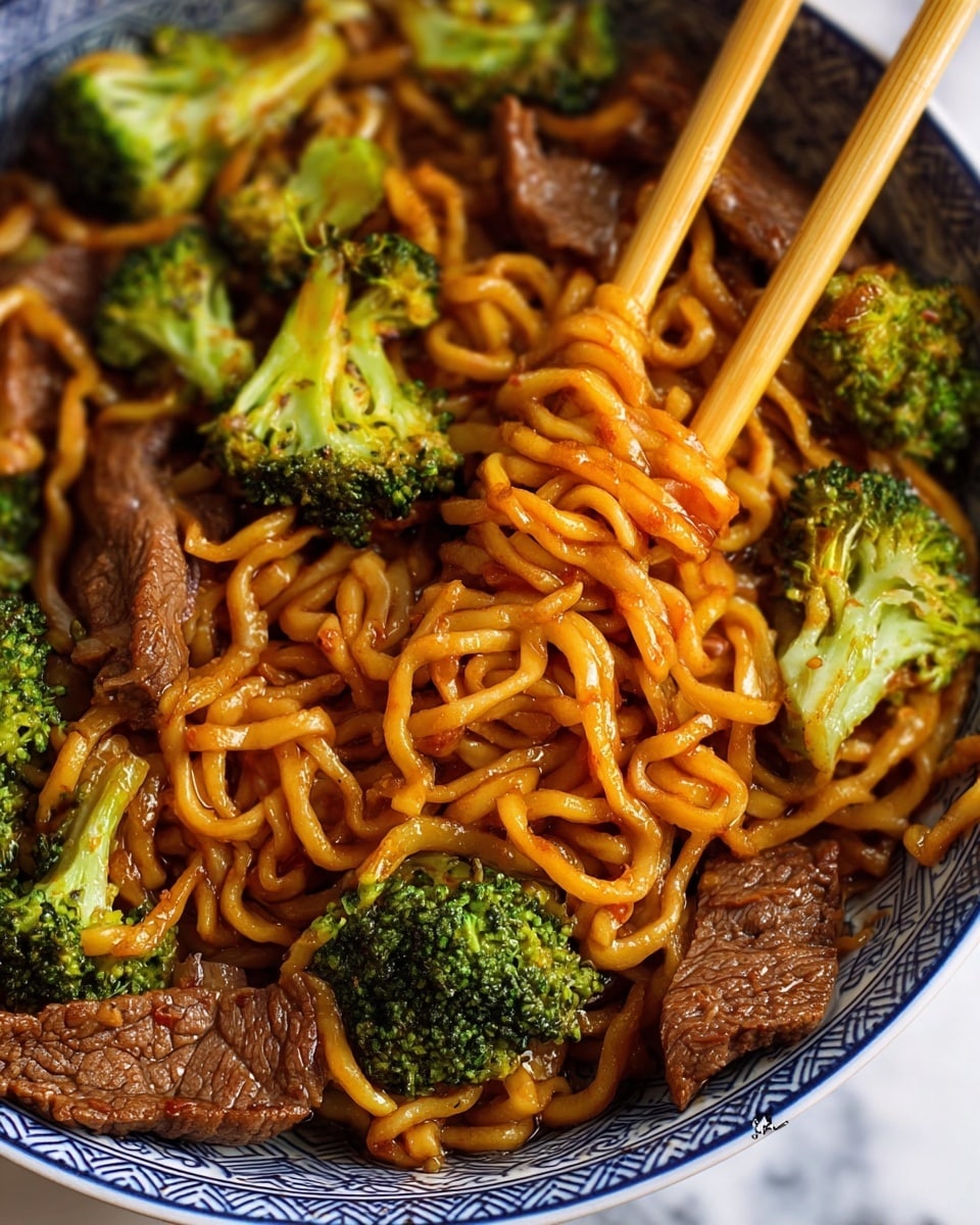 A close-up view of a bowl filled with stir-fried noodles, showcasing thick, glossy brown noodles mixed with large, bright green broccoli florets and juicy, dark brown slices of beef. The noodles are coated in a rich sauce, giving them a slightly shiny texture, and are scattered with small red chili flakes and white sesame seeds for contrast. The bowl is white with a dark blue zigzag pattern along the inside edge, placed on a white marbled surface with a pair of wooden chopsticks resting beside it. Photo taken with an iphone --ar 4:5 --v 7