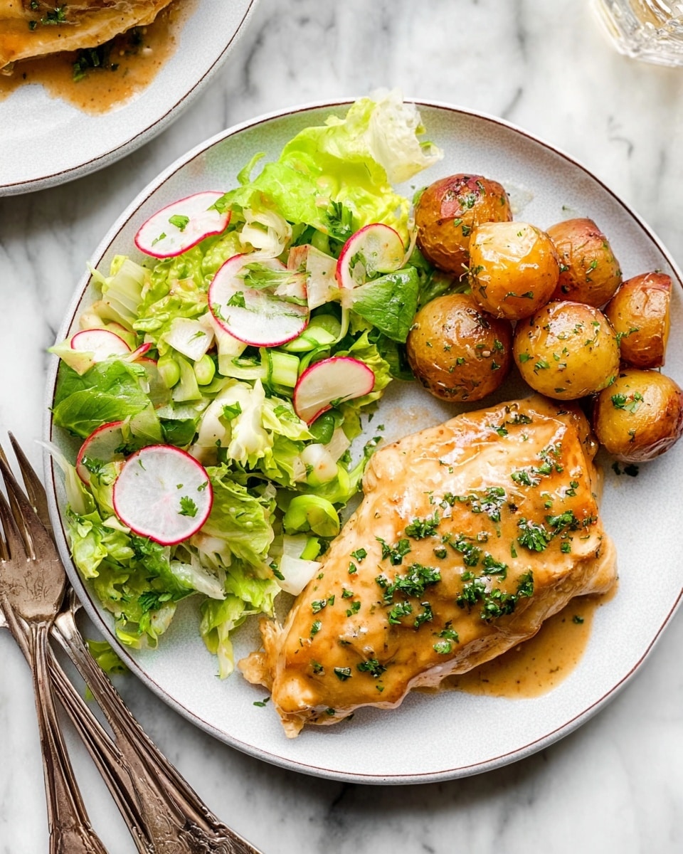 A white plate with a large piece of cooked chicken breast covered in a light brown sauce, sprinkled with green herbs on top, placed on the right side. Next to the chicken, on the top right, are small round roasted potatoes with a golden brown color, also sprinkled with green herbs. On the left side of the plate is a fresh salad made of light green lettuce leaves, thinly sliced white and red radish, and small pieces of green vegetables, including chopped green beans. The plate rests on a white marbled surface with two vintage silver forks placed to the left of the plate. Photo taken with an iphone --ar 4:5 --v 7