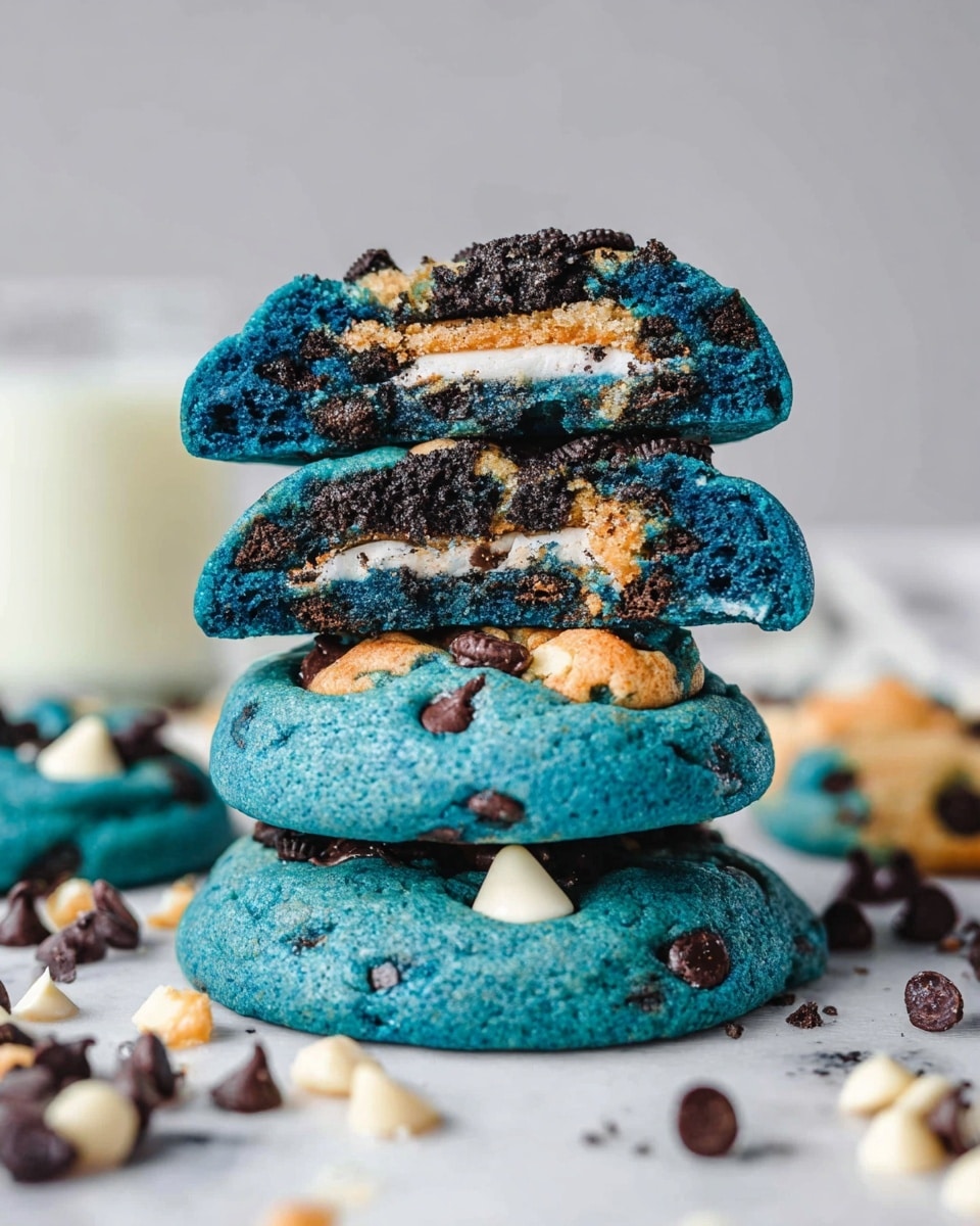A stack of three thick blue cookies sits on a white marbled surface. The bottom cookie is whole, showing blue dough with embedded dark chocolate chips and white chocolate pieces. The middle cookie is also whole with the same blue dough and chocolate chips. The top cookie is broken in half, revealing a cross-section of blue dough filled with chunks of dark chocolate sandwich cookies with white cream and small bits of light brown mini chocolate chip cookies. Around the stack, there are scattered mini chocolate chip cookies, dark and white chocolate chips, and a blurred glass of milk in the background. photo taken with an iphone --ar 4:5 --v 7