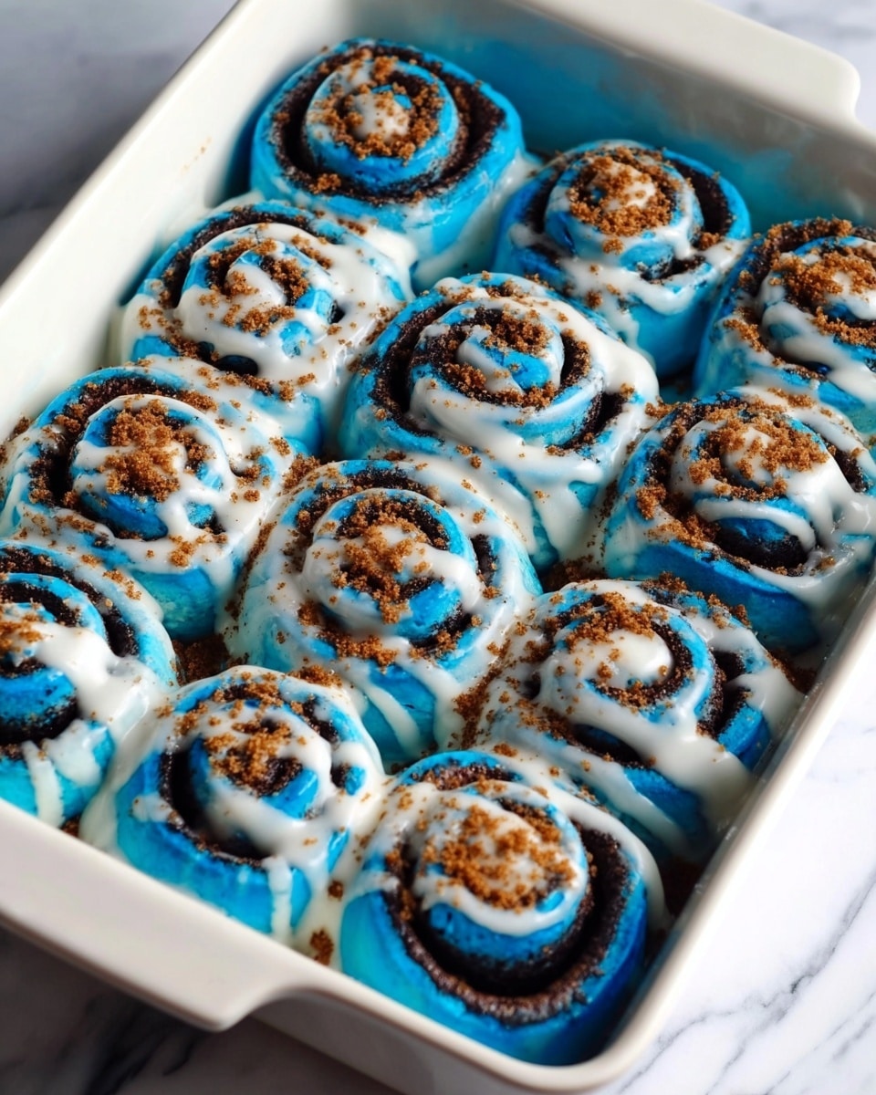 There is a white rectangular dish filled with 12 cinnamon rolls arranged close to each other in layers. Each roll has a bright blue dough layer rolled with a dark brown cinnamon swirl inside, creating a spiral pattern. On top of each roll, there is a white glaze drizzled unevenly, showing streaks of blue dough underneath and lightly sprinkled with brown crumbly cinnamon bits. The dish sits on a white marbled surface, adding a clean contrast to the vibrant blue rolls. photo taken with an iphone --ar 4:5 --v 7