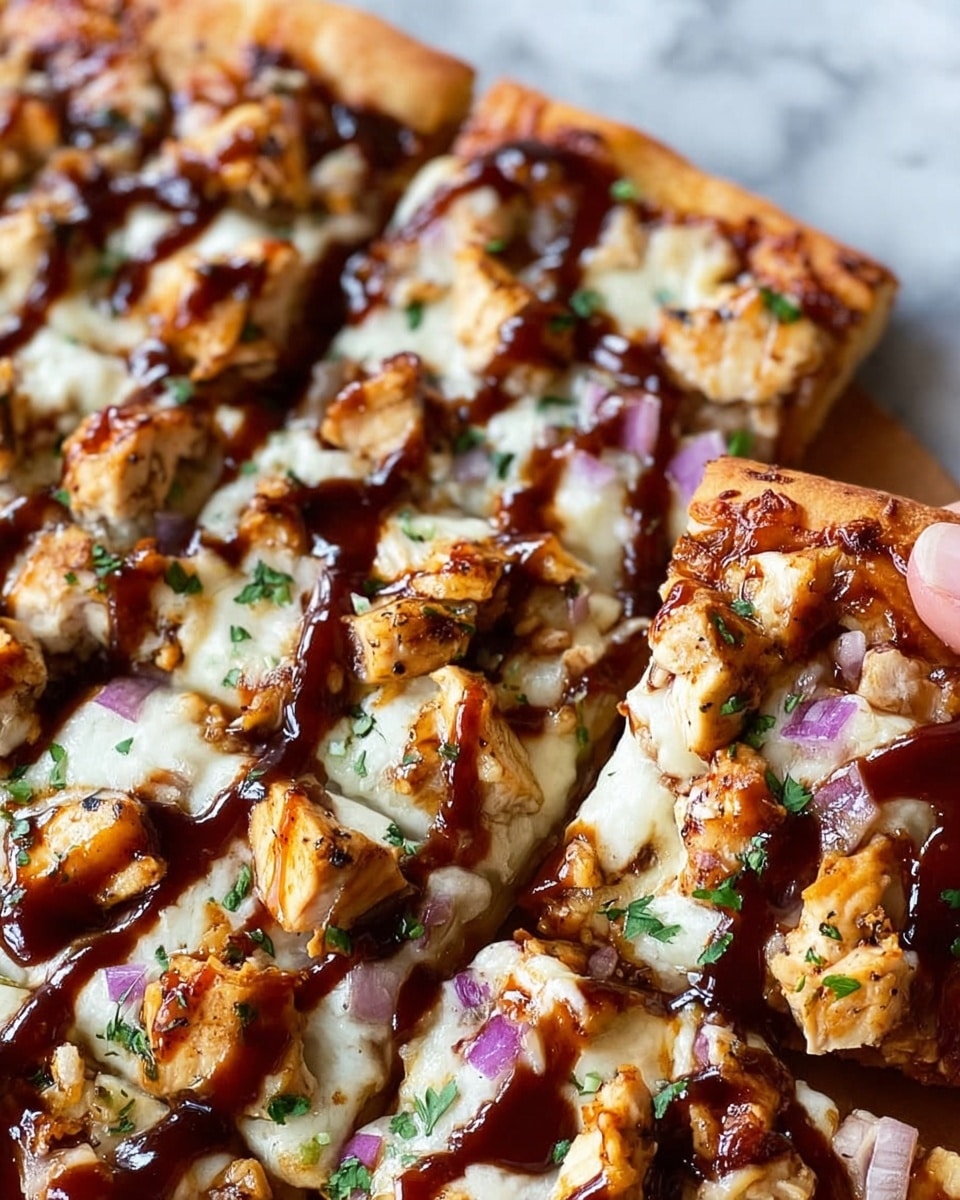 A close-up of a pizza with one layer of golden brown crust visible at the bottom, topped with melted white cheese spread evenly across the surface. On top of the cheese, there are chunky pieces of grilled chicken with a light brown color and grill marks, scattered generously. Drizzled over the chicken and cheese is a glossy, dark brown barbecue sauce, adding shine and texture. Small pieces of light purple onion and bits of green herbs are sprinkled over everything, adding color contrast. The pizza is cut into square pieces, with a woman's hand slightly touching one piece at the edge. The background is a white marbled texture. photo taken with an iphone --ar 4:5 --v 7