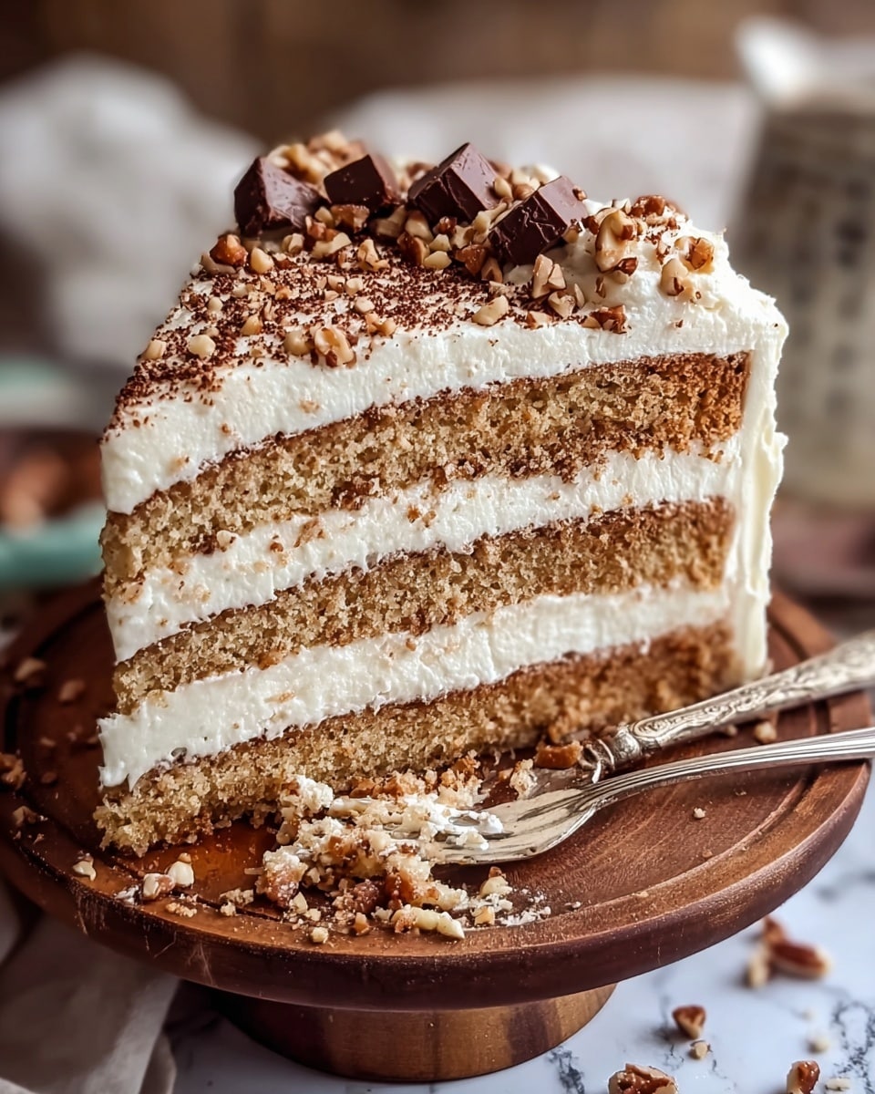 A three-layer cake with light beige sponge layers separated by thick white cream filling, fully covered in smooth white frosting around the sides and top. The top is decorated with a generous sprinkling of small chopped nuts and whole almonds mixed with chocolate pieces, giving a crunchy texture contrast. The cake is placed on an ornate wooden cake stand, with a silver fork resting beside it and some crumbs scattered around. The background shows a soft-focus interior with muted colors and white marbled texture below. Photo taken with an iphone --ar 4:5 --v 7