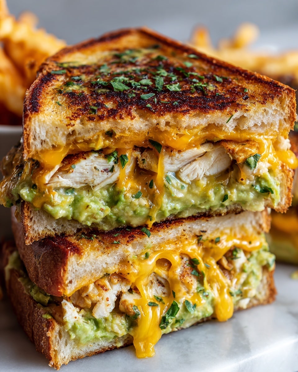 A close-up view of a grilled sandwich cut in half and stacked, showing four layers: the top and bottom layers are toasted golden brown bread with slight char marks; the second layer has chunky green guacamole spread with some herbs; the third layer is tender, grilled chicken pieces with a shiny glaze and sprinkled herbs; the next layer has melted cheddar cheese oozing out with a bright orange color; all layers are pressed tightly together, with some melted cheese dripping and garnished with chopped herbs on top. The sandwich is placed on a white marbled surface with some curly fries faintly visible in the background. Photo taken with an iphone --ar 4:5 --v 7