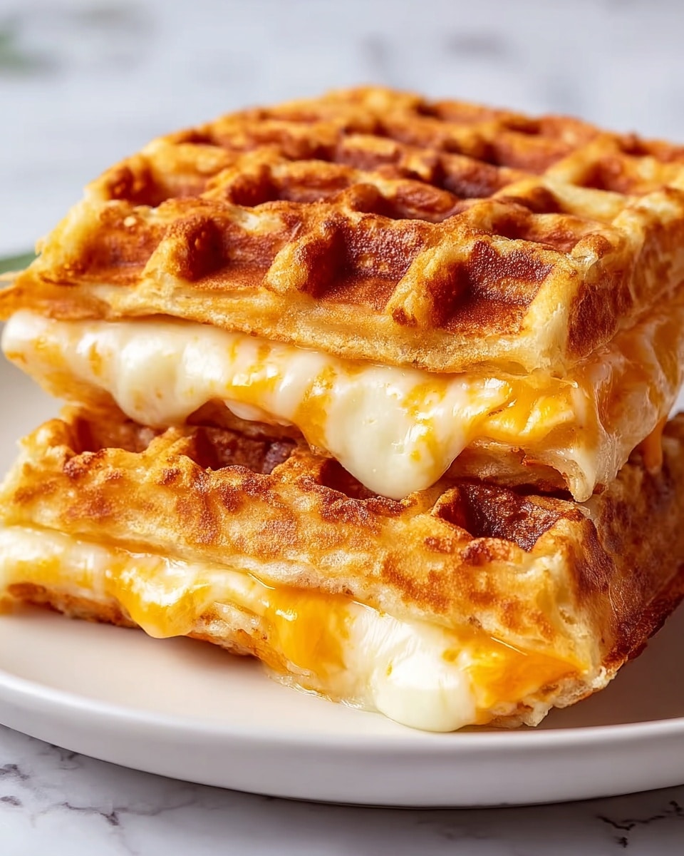 A toasted grilled cheese sandwich cut in half and stacked, showing two layers of melted cheese inside: a deep yellow cheddar cheese layer on the bottom and a creamy white cheese layer on top, both stretching slightly as the top half is lifted. The bread is golden brown with a crispy, checkered grilled pattern and darker toasted edges. The sandwich is placed on a simple white plate, with a small bowl of white dipping sauce visible in the background on a white marbled surface. photo taken with an iphone --ar 4:5 --v 7