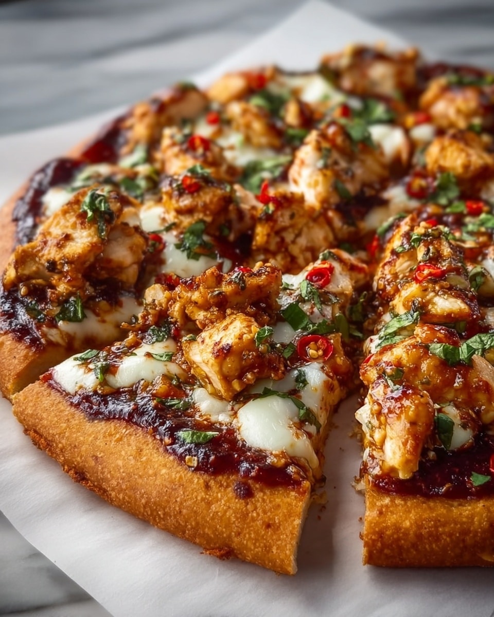 This image shows a close-up of a thick-crust pizza cut into slices. The bottom layer is a golden-brown crust with a slightly crispy edge. On top of the crust is a dark red sauce spread evenly. The next layer is melted white cheese, which is soft and stringy, peeking through in many places. Large chunks of cooked chicken, golden with grilled marks and some sauce glaze, cover the pizza. Bright green herbs and small pieces of red chili peppers are sprinkled on top, adding color and fresh texture. The pizza sits on white parchment paper on a white marbled surface. photo taken with an iphone --ar 4:5 --v 7
