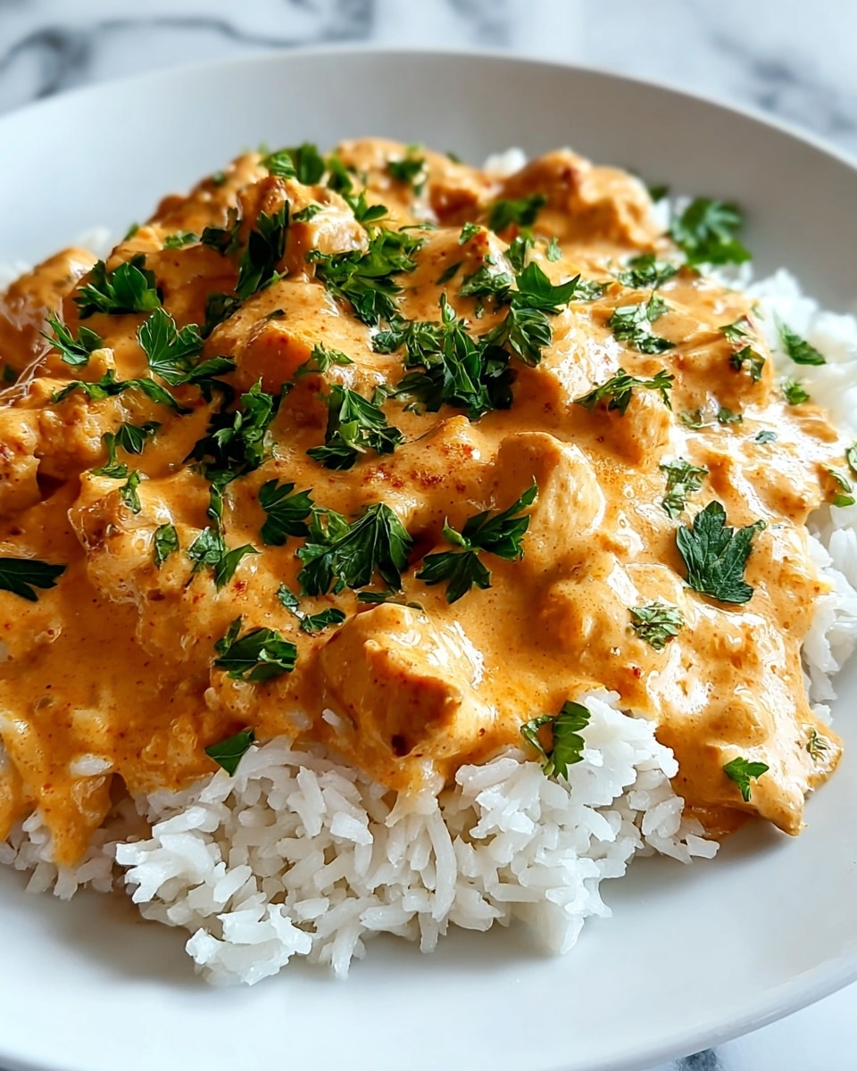 A close-up of a white plate filled with a layer of fluffy white rice topped with a thick, creamy orange sauce containing chunks of browned chicken. Fresh green parsley leaves are scattered evenly on top, adding a bright contrast to the rich sauce. The dish sits on a white marbled surface. Photo taken with an iphone --ar 4:5 --v 7