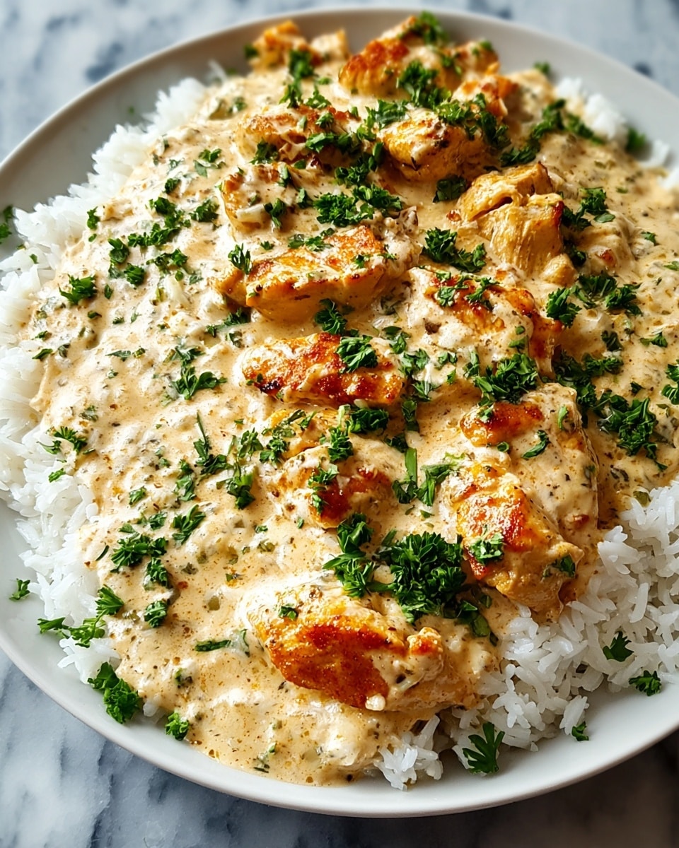 The dish shows a white plate filled with a base layer of fluffy white rice, topped with a thick layer of creamy light beige sauce mixed with herbs. On top of that, there are several pieces of golden-brown grilled chicken scattered and partially covered by the sauce. The entire dish is sprinkled with fresh green chopped herbs, adding a vibrant touch. The plate rests on a white marbled surface, creating a clean and bright background. Photo taken with an iphone --ar 4:5 --v 7
