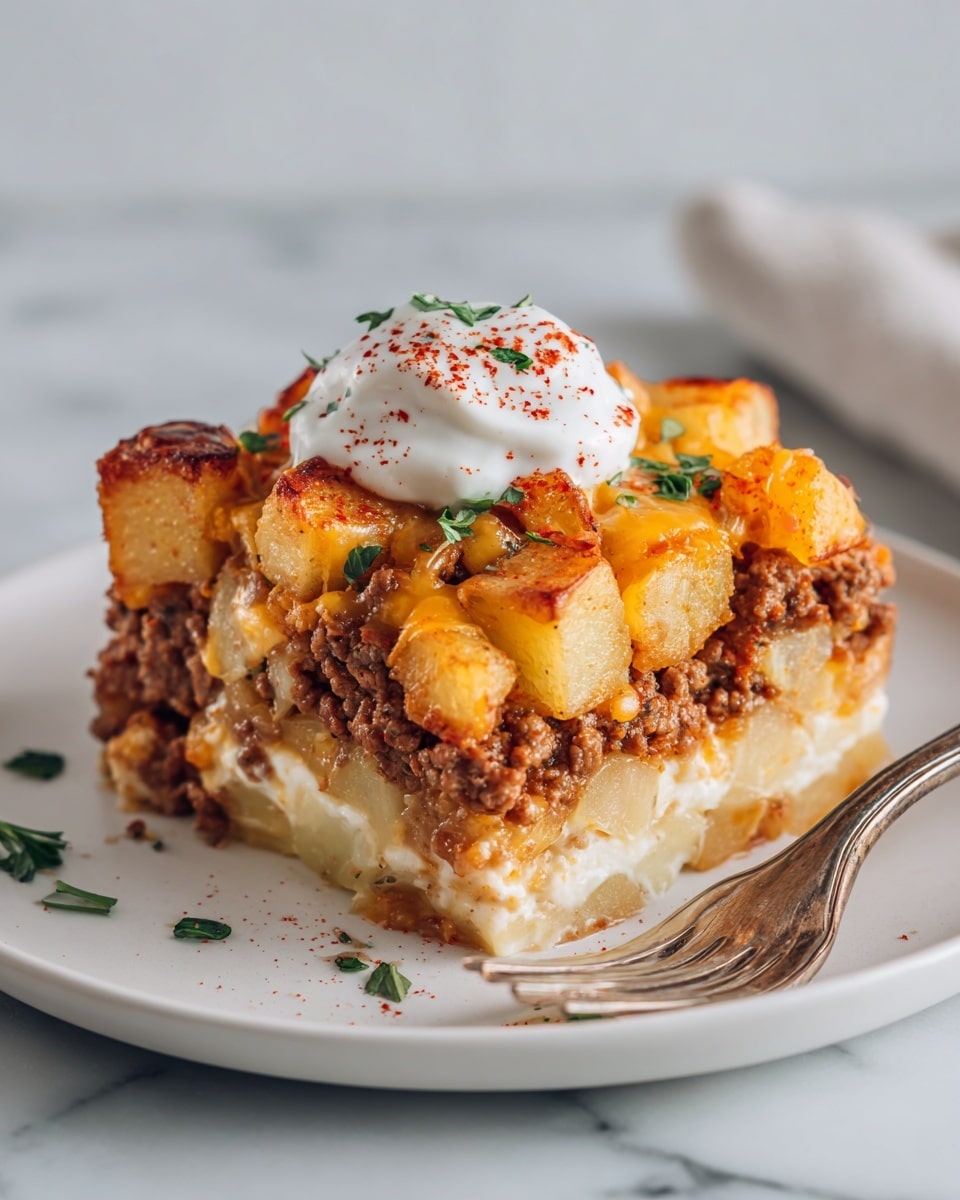The dish in a white bowl has a bottom layer of small golden roasted potato halves arranged around the edge. The middle layer is ground beef cooked with spices, scattered inside the circle of potatoes. On top, there is a mix of melted yellow and white shredded cheese spread over the meat. In the center, there is a round dollop of white sour cream, sprinkled with red seasoning and small green herb leaves. Small green herb leaves are also scattered across the whole dish for garnish. A silver fork rests on the right side of the bowl. The bowl sits on a white marbled textured surface with a light gray cloth partially visible underneath. Photo taken with an iphone --ar 4:5 --v 7