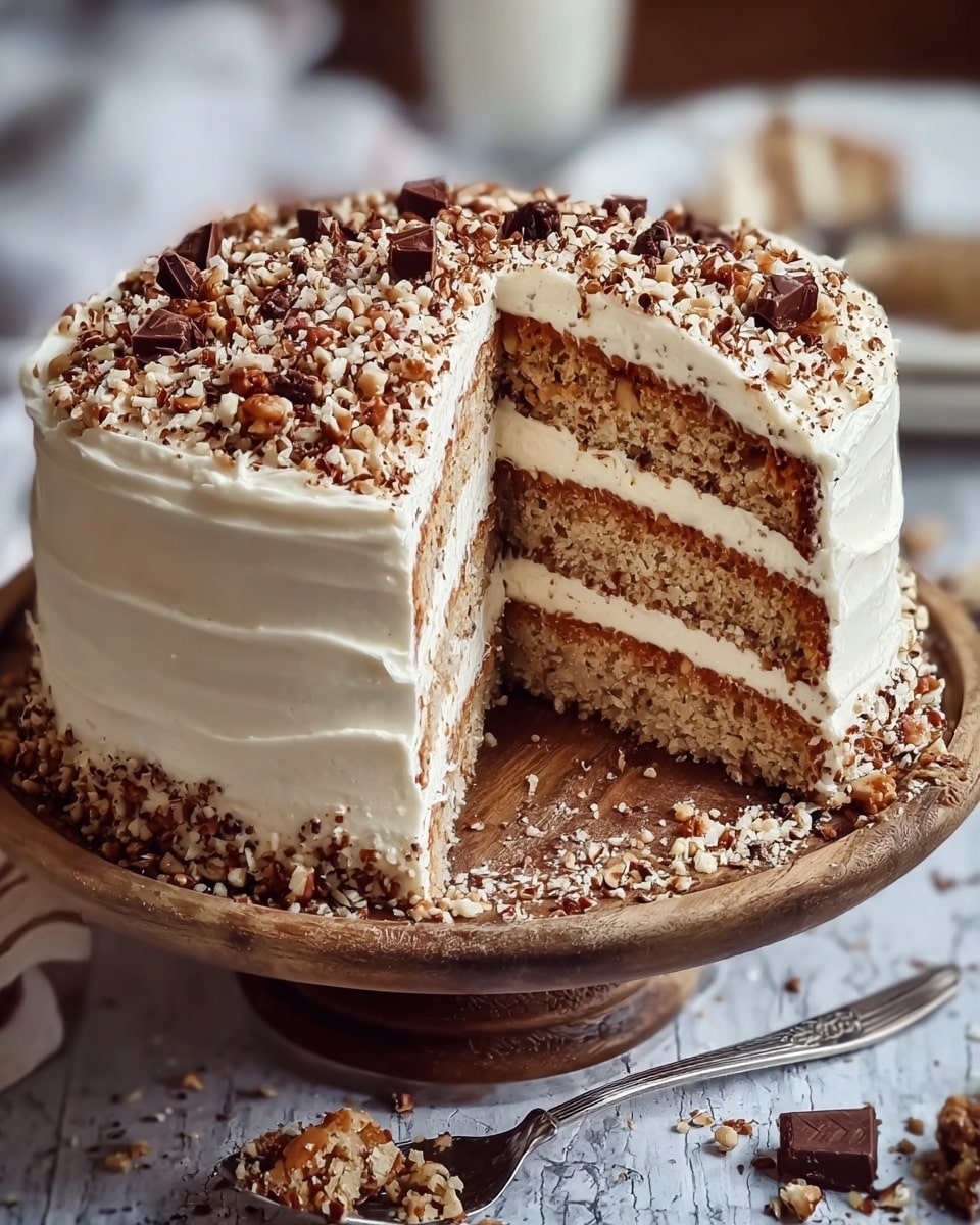 A three-layer cake is shown with thick white frosting covering the outside and between each layer of light brown cake. The top is finely sprinkled with crushed nuts and chocolate pieces, with some larger chunks scattered on top. The cake sits on a decorated wooden stand, and a silver fork lies nearby with a few crumbs around it. The background is softly blurred with a white marbled texture surface beneath. photo taken with an iphone --ar 4:5 --v 7