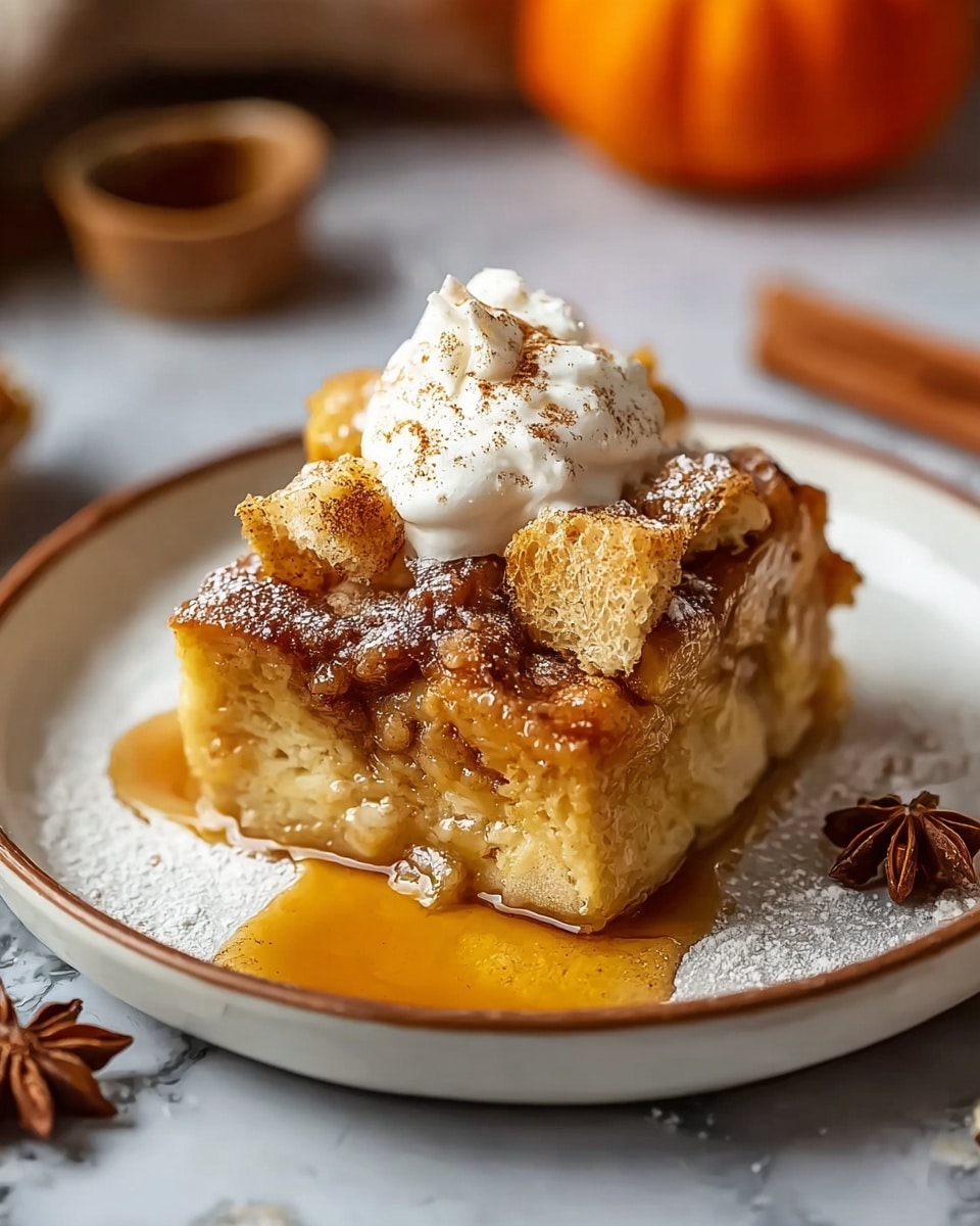 A square piece of bread pudding sits in the middle of a white plate with a thin brown rim, placed on a white marbled texture. The bread pudding has a golden-brown top layer with a slightly crisp texture and soft, moist layers of light golden bread underneath. On top, there is a dollop of white whipped cream sprinkled with brown cinnamon powder, surrounded by small chunks of toasted bread with a golden crust. Around the pudding, powdered sugar is dusted lightly and a small pool of amber syrup gathers at the base. In the background, blurred star anise and a small orange pumpkin add warm autumn vibes. photo taken with an iphone --ar 4:5 --v 7