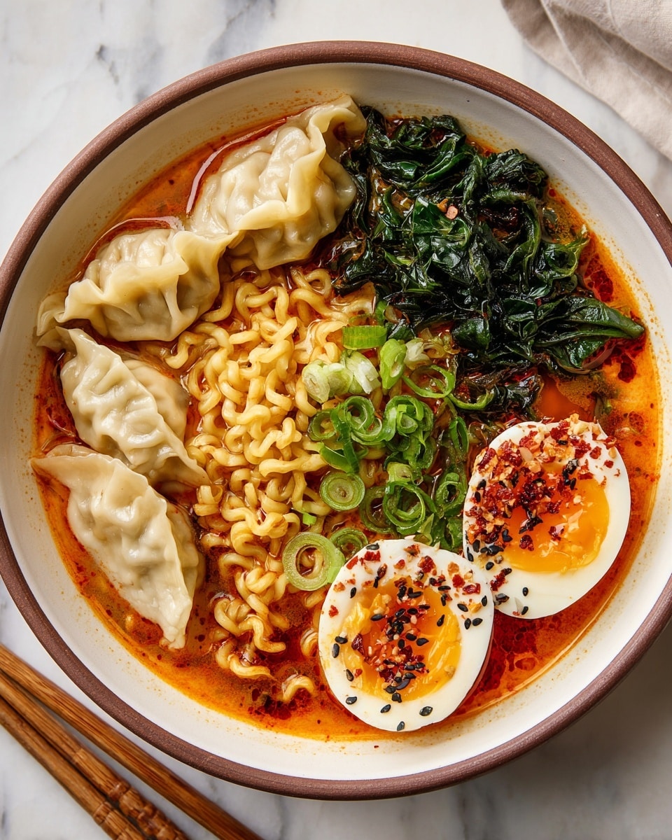 A bowl of ramen with four pale dumplings placed on the left side, their soft, slightly shiny texture showing dough folds. In the center, curly yellow noodles float in a rich orange-red broth with chili oil. On the upper right side, dark green leafy vegetables add a fresh contrast, while two halved soft-boiled eggs with bright orange yolks and white edges sit at the bottom right, topped with black sesame seeds and red chili flakes. Bright green chopped scallions are scattered over the noodles. The bowl is white with a brown rim, set on a white marbled surface, with wooden chopsticks nearby. photo taken with an iphone --ar 4:5 --v 7