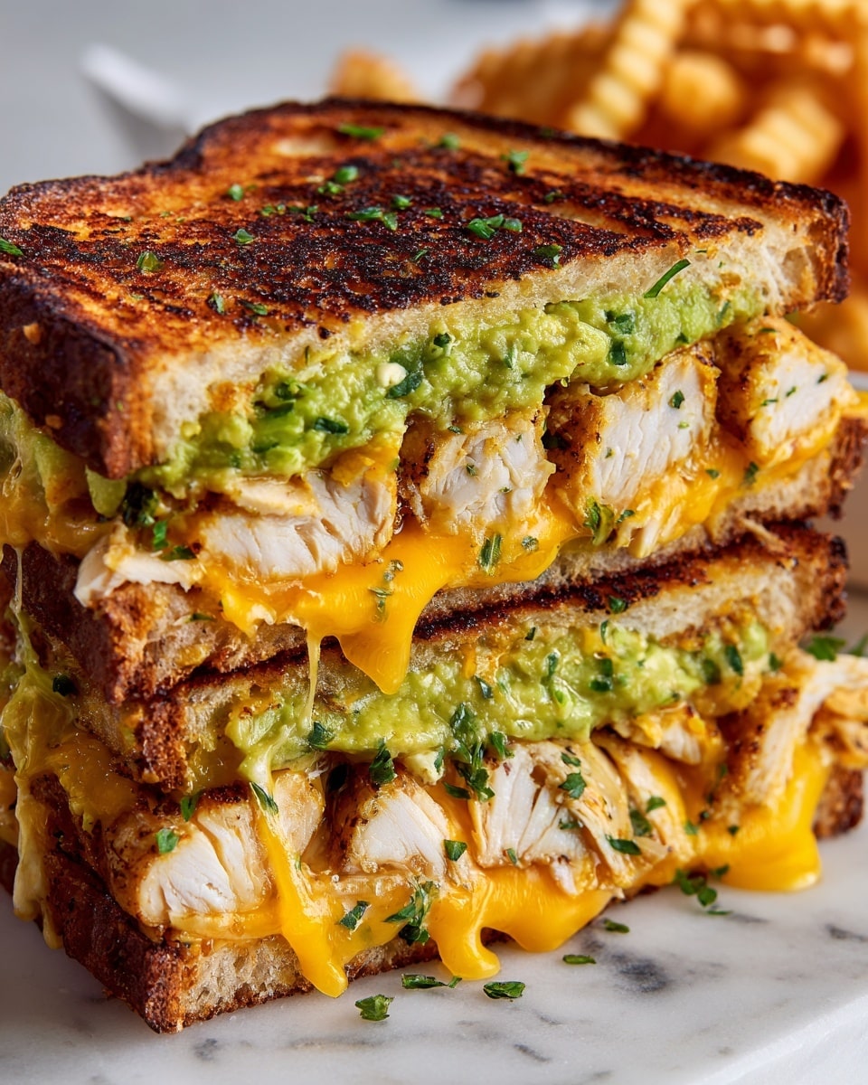 This close-up image shows a sandwich cut in half and stacked. Each half has three layers of toasted bread that is golden brown with a crispy texture. Between the bread layers, there are shredded pieces of orange chicken with visible sauce coating them, giving a glossy look. Thin slices of green avocado and cucumber add a fresh, smooth texture and bright green color. Some melted cheese can be seen, slightly oozing among the layers. The sandwich sits on a white plate with a few crumbs and food bits scattered around, all placed on a white marbled surface. photo taken with an iphone --ar 4:5 --v 7